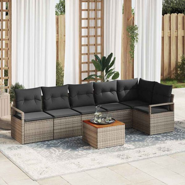 vidaXL Garten-Sofa-Set mit Kissen 7 pcs Grau Poly Rattan