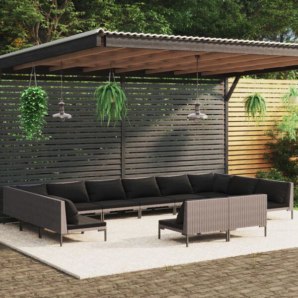 vidaXL 12-tlg. Garten-Lounge-Set mit Kissen Poly Rattan Dunkelgrau
