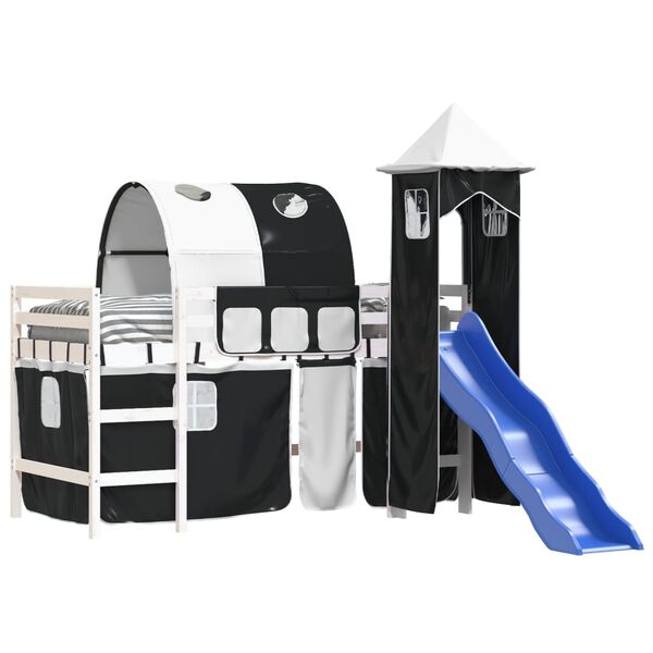 vidaXL Kinderhochbett mit Turm Weiß & Schwarz 90x190 cm Kiefernholz