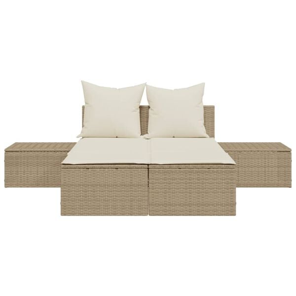 vidaXL Doppel-Sonnenliege mit Auflagen Beige Poly Rattan
