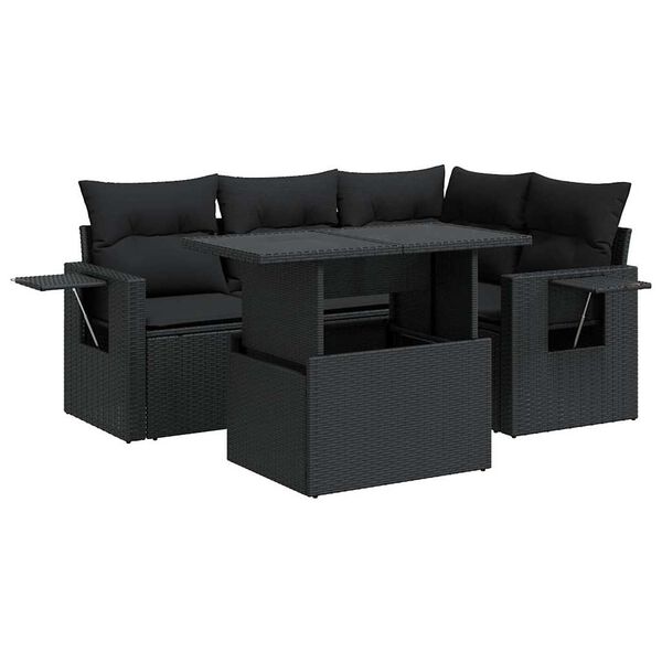 vidaXL 5-tlg. Garten-Sofagarnitur mit Kissen Schwarz Poly Rattan