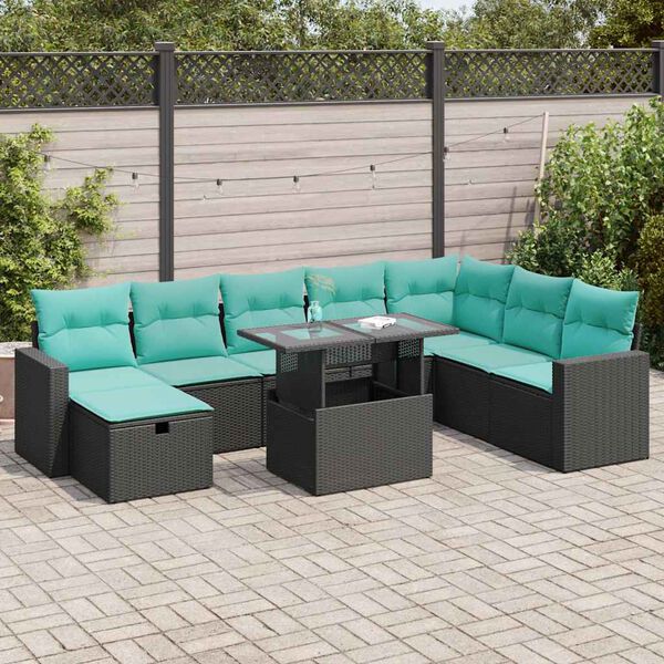 vidaXL 9-tlg. Garten-Sofagarnitur mit Kissen Grau Poly Rattan Akazie
