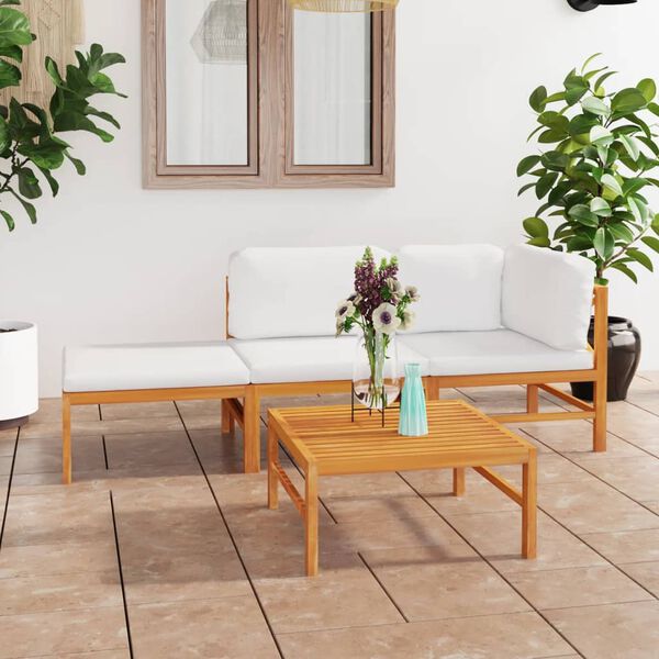 vidaXL 4-tlg. Garten-Lounge-Set mit Creme Kissen Massivholz Teak