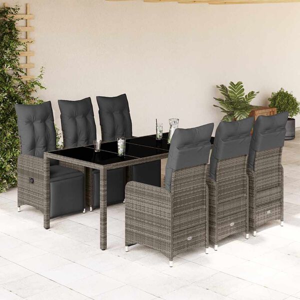 vidaXL 7-tlg. Garten-Bistro-Set mit Kissen Grau Poly Rattan