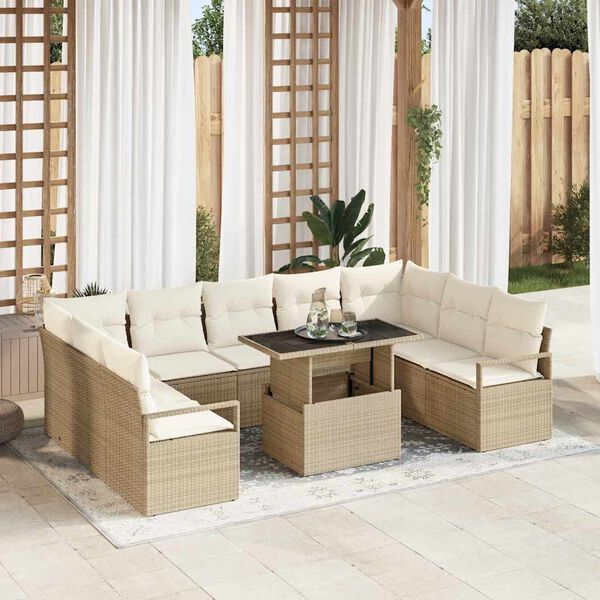 vidaXL Garten-Sofa-Set mit Kissen 10 pcs Beige und Creme Poly-Rattan