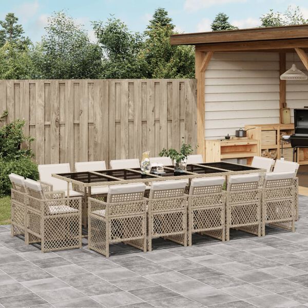 vidaXL 15-tlg. Garten-Essgruppe mit Kissen Beige Poly Rattan