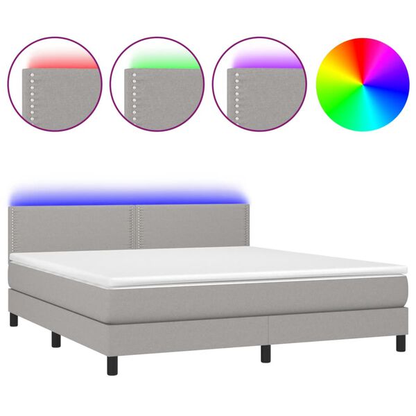vidaXL Boxspringbett mit Matratze & LED Hellgrau 180x200 cm Stoff