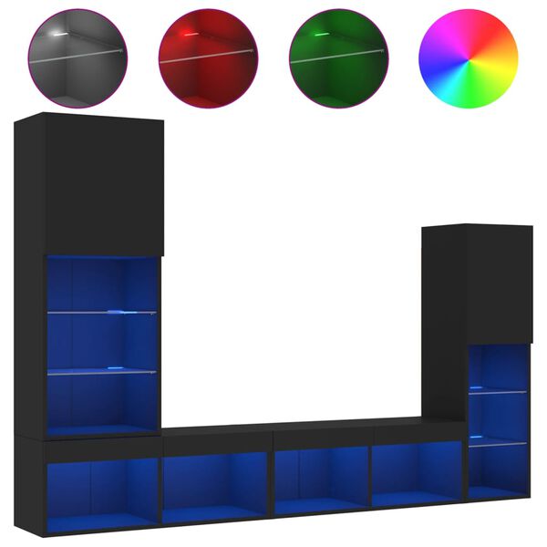 vidaXL 4-tlg. Wohnwand mit LED-Beleuchtung Schwarz Holzwerkstoff