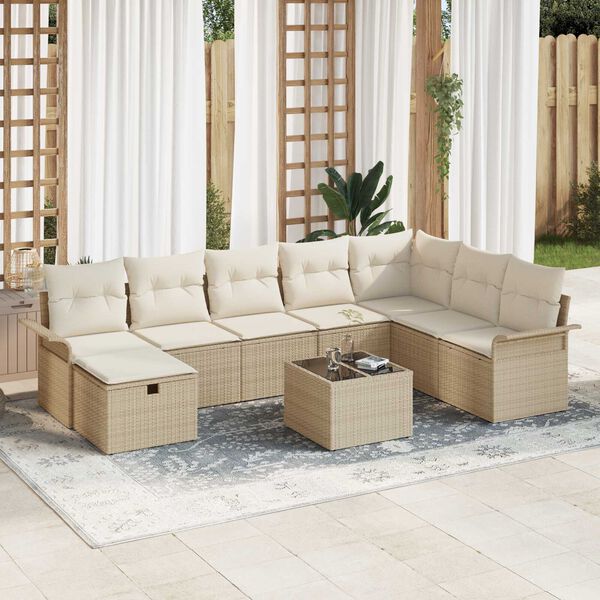 vidaXL Garten-Sofa-Set mit Kissen mit Speicher 9 pcs Beige Poly Rattan