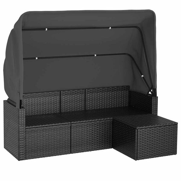 vidaXL 3-Sitzer-Gartensofa mit Dach und Fu&szlig;hocker Schwarz Poly Rattan