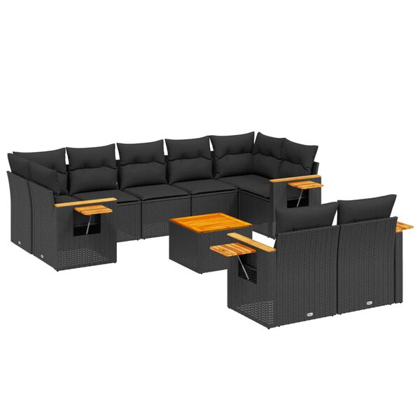 vidaXL 10-tlg. Garten-Sofagarnitur mit Kissen Schwarz Poly Rattan