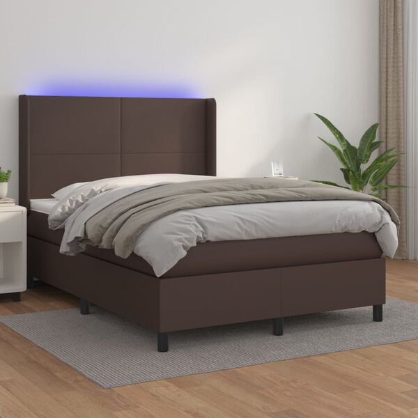 vidaXL Boxspringbett mit Matratze & LED Braun 140x190 cm Kunstleder
