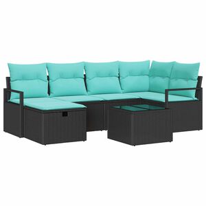 vidaXL Sofa Set 7 Stk. 6-Sitzanzahl Schwarz und T&uuml;rkis Poly-Rattan