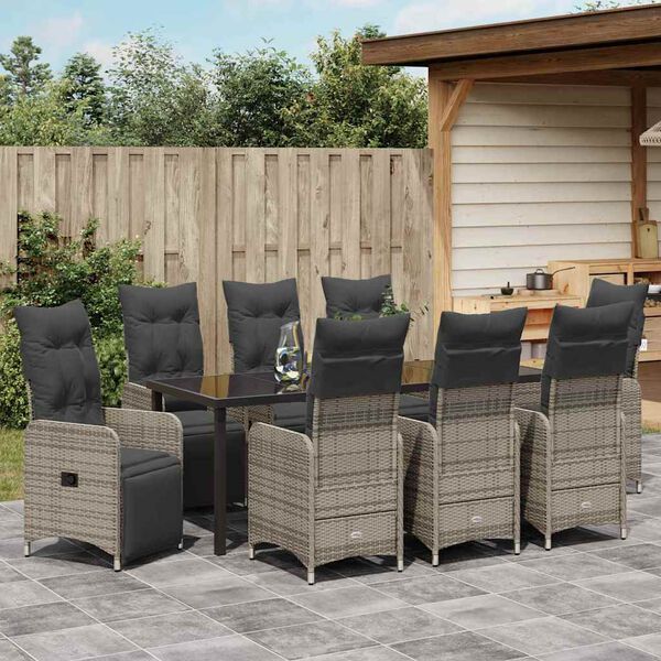 vidaXL Garten Essgruppe mit Kissen 9 pcs Grau Poly-Rattan