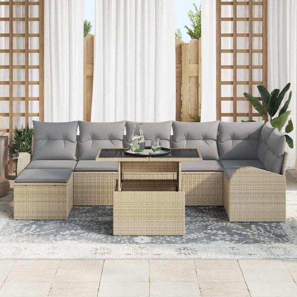 vidaXL Gartensofa-set mit Kissen mit Speicher 8 pcs Beige Poly Rattan