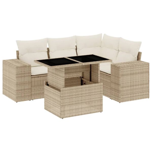vidaXL 5-tlg. Garten-Sofagarnitur mit Kissen Beige Poly Rattan
