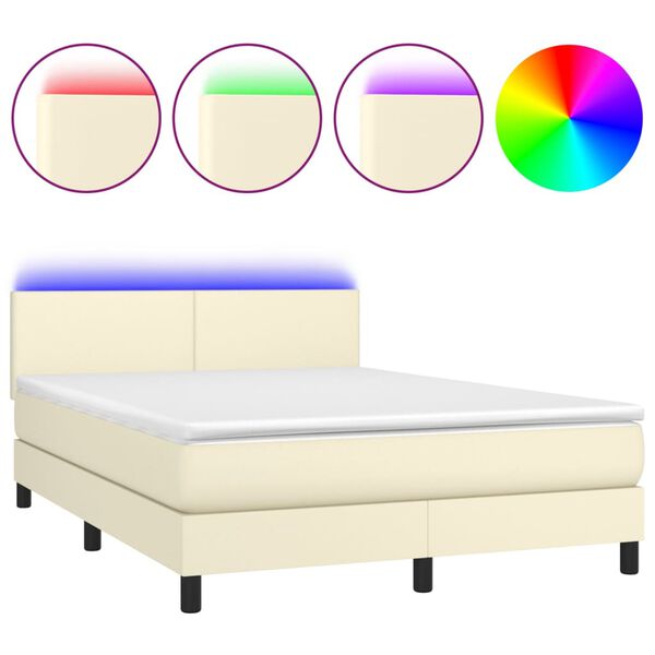 vidaXL Boxspringbett mit Matratze & LED Creme 140x190 cm Kunstleder