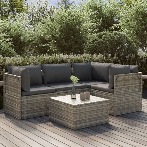 vidaXL 5-tlg. Garten-Lounge-Set mit Kissen Grau Poly Rattan