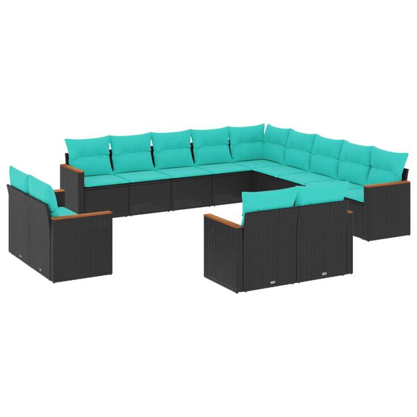 vidaXL 13-teiliges Gartensofa-Set mit Kissen, schwarzes Polyrattan