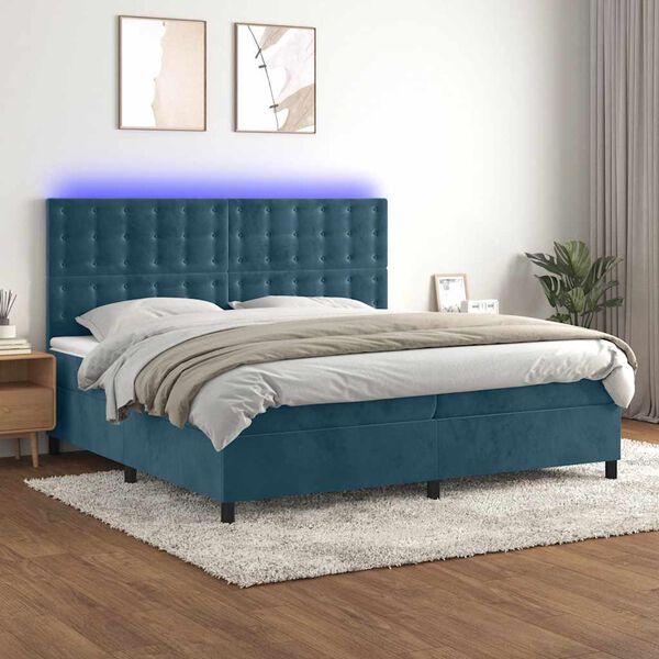 vidaXL Boxspringbett mit Matratze & LED Dunkelblau 200x200 cm Samt