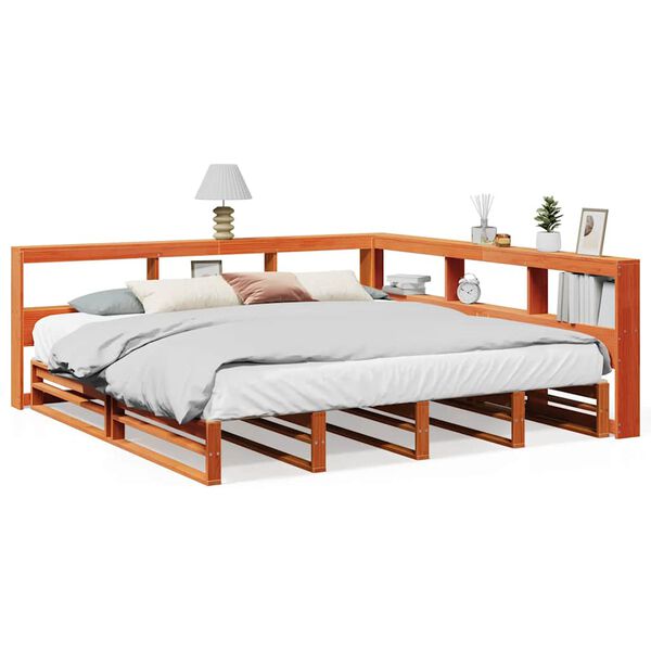 vidaXL Massivholzbett mit Regal ohne Matratze Wachsbraun 200x200 cm