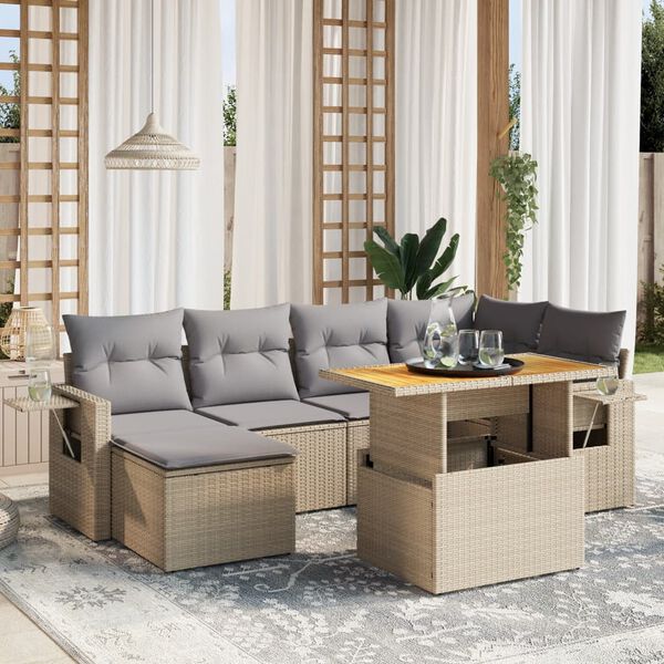 vidaXL 7-tlg. Garten-Sofagarnitur mit Kissen Beige Poly Rattan
