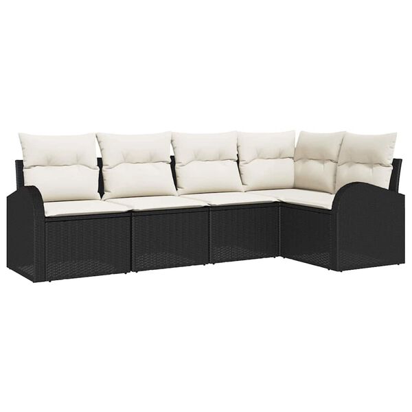 vidaXL Garten-Sofa-Set mit Kissen 5 pcs Schwarz und Weiß Poly Rattan