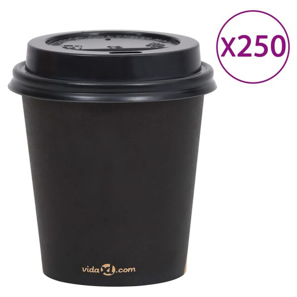vidaXL Pappbecher mit Deckel 200 ml 250 Stk. Schwarz