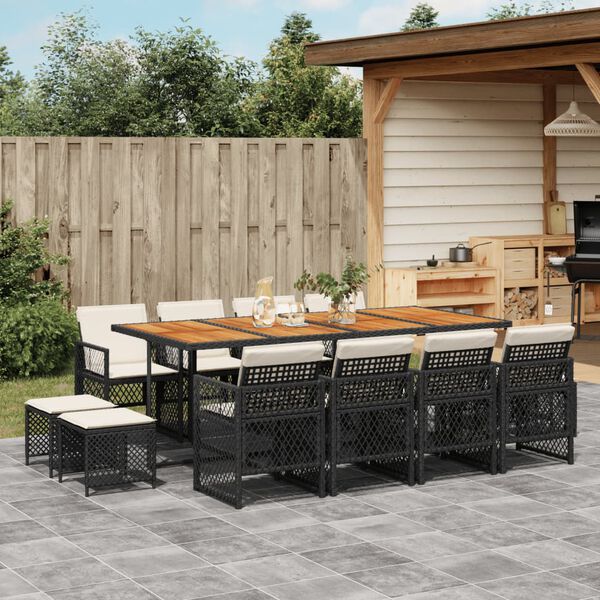 vidaXL 13-tlg. Garten-Essgruppe mit Kissen Schwarz Poly Rattan