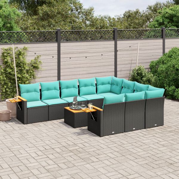 vidaXL 11-tlg. Garten-Sofagarnitur mit Kissen Schwarz Poly Rattan