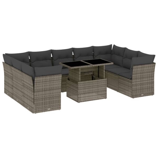 vidaXL 10-tlg. Garten-Sofagarnitur mit Kissen Grau Poly Rattan