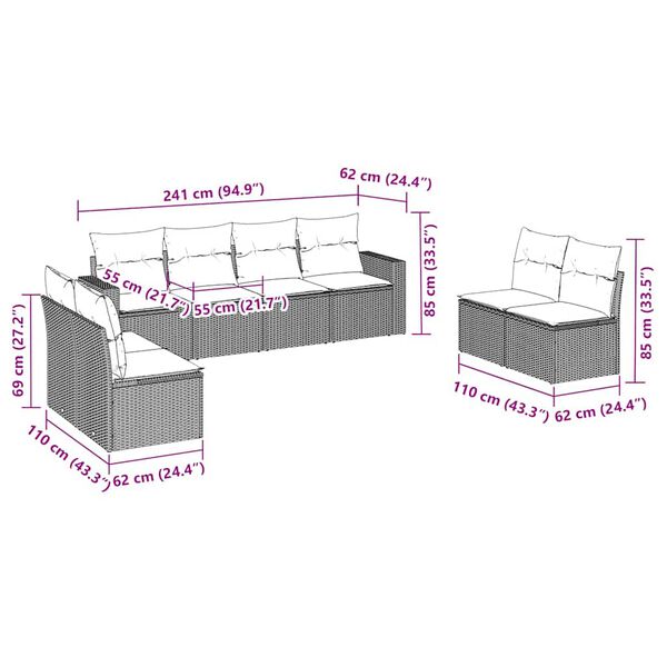 vidaXL 8-tlg. Garten-Sofagarnitur mit Kissen Braun Poly Rattan