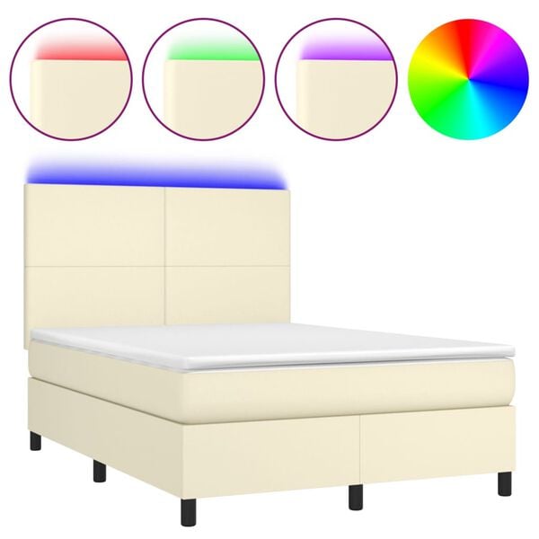vidaXL Boxspringbett mit Matratze & LED Creme 140x190 cm Kunstleder