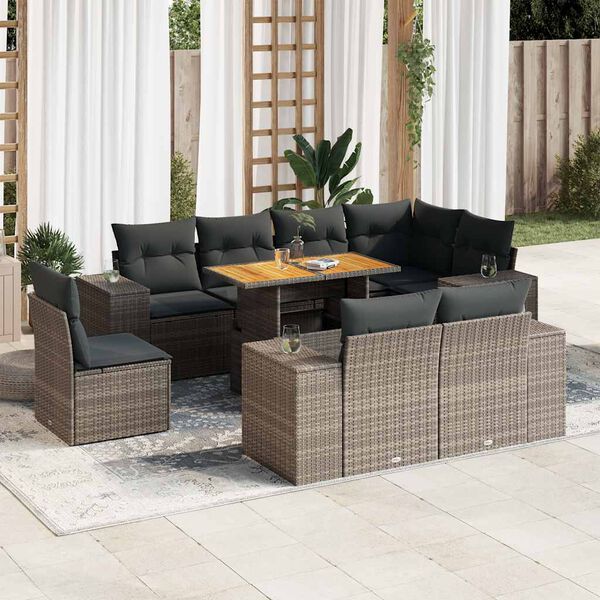 vidaXL 9-tlg. Garten-Sofagarnitur mit Kissen Grau Poly Rattan