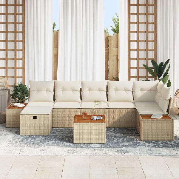 vidaXL Garten-Sofa-Set mit Kissen mit Speicher 8 pcs Beige Poly-Rattan