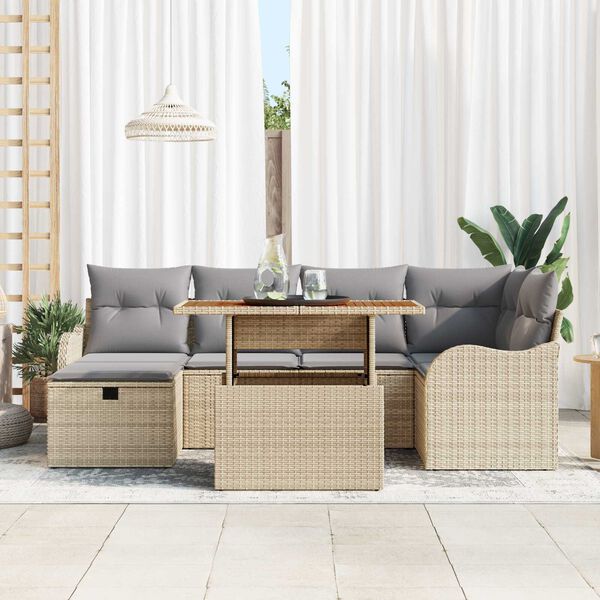 vidaXL Gartensofa-set mit Kissen mit Speicher 7 pcs Beige Poly-Rattan