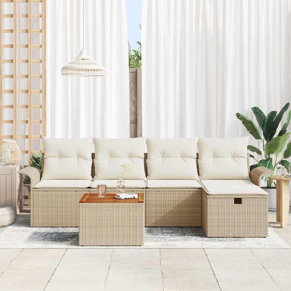 vidaXL Garten-Sofa-Set mit Kissen mit Speicher 6 pcs Beige Poly Rattan