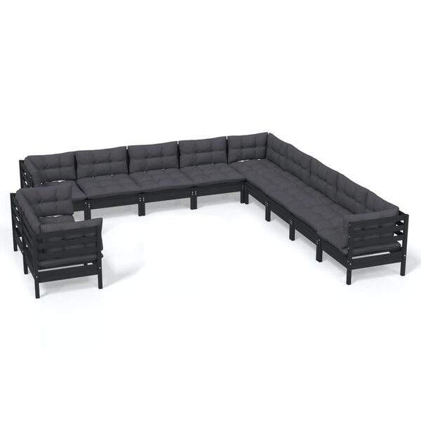vidaXL 11-tlg. Garten-Lounge-Set mit Kissen Schwarz Massivholz Kiefer