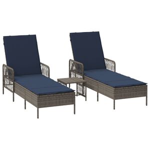 vidaXL Sonnenliege mit Kissen 3 pcs Grau und Marineblau Poly-Rattan