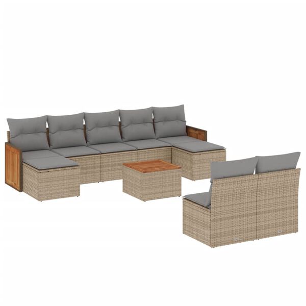 vidaXL 10-tlg. Garten-Sofagarnitur mit Kissen Beige Poly Rattan
