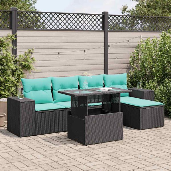 vidaXL 6-tlg. Garten-Sofagarnitur mit Kissen Schwarz Poly Rattan