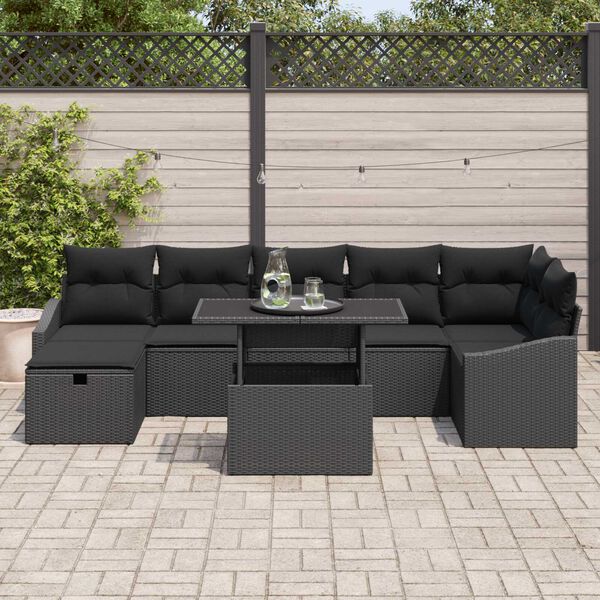 vidaXL Garten-Sofa-Set mit Kissen 8 pcs Schwarz Poly Rattan