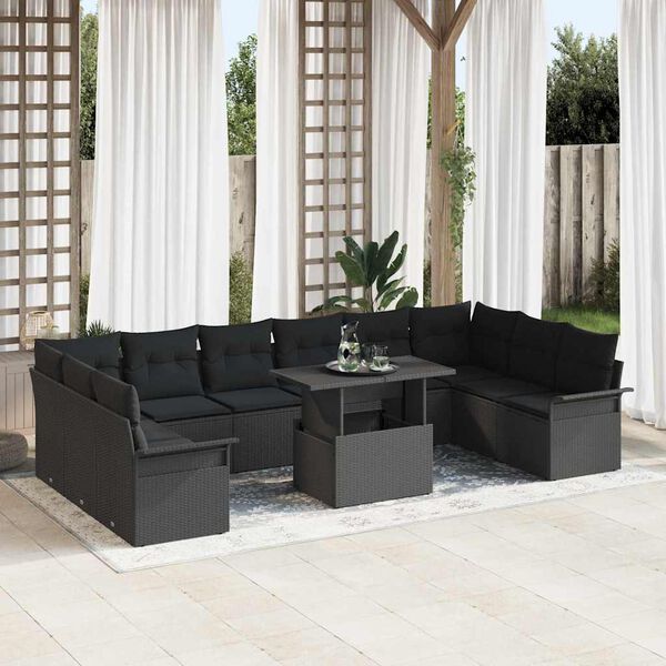 vidaXL Sofa Set mit Kissen 11 pcs Schwarz Poly-Rattan