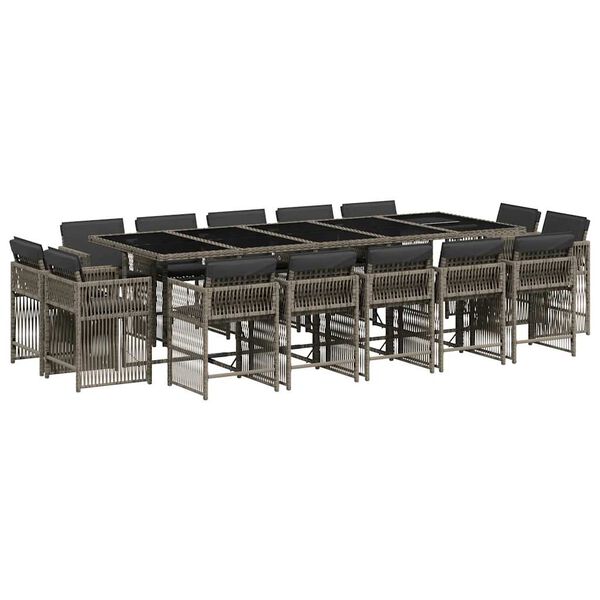 vidaXL 15-tlg. Garten-Essgruppe mit Kissen Grau Poly Rattan