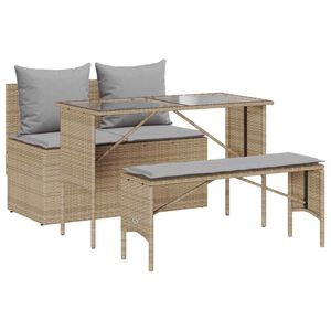 vidaXL 3-tlg. Garten-Essgruppe mit Kissen Beige Poly Rattan