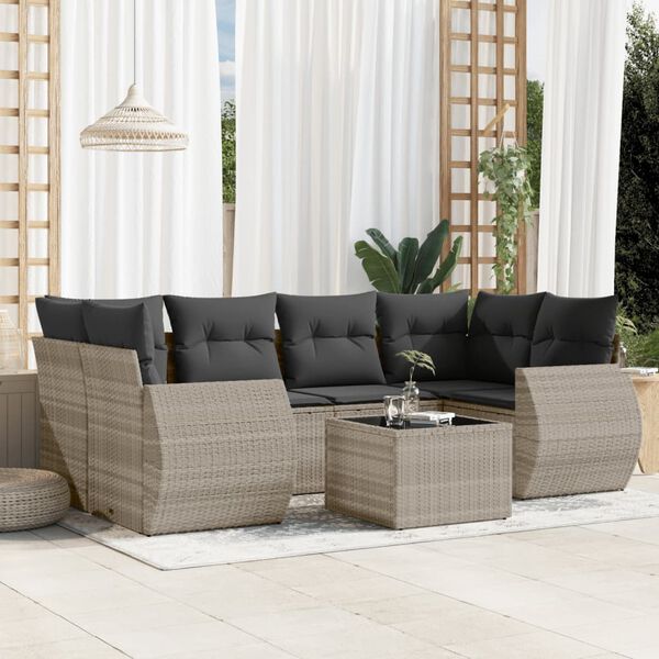 vidaXL 7-tlg. Garten-Sofagarnitur mit Kissen Hellgrau Poly Rattan