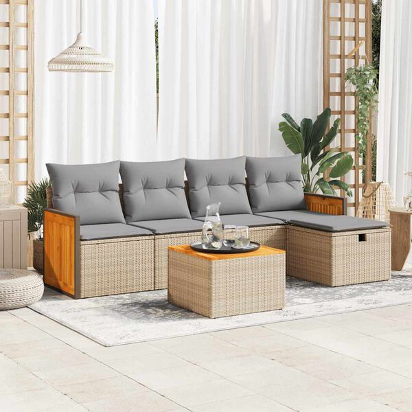 vidaXL 6-tlg. Garten-Sofagarnitur mit Kissen Beige Poly Rattan