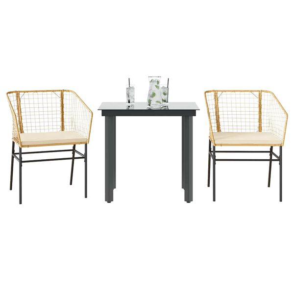 vidaXL 3-tlg. Garten-Essgruppe mit Kissen Braun Poly Rattan Glas