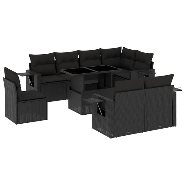vidaXL 9-tlg. Garten-Sofagarnitur mit Kissen Schwarz Poly Rattan