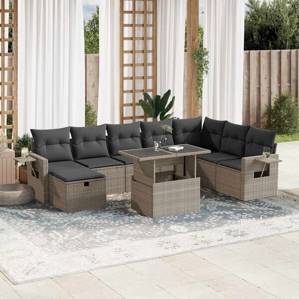 vidaXL 9-tlg. Garten-Sofagarnitur mit Kissen Hellgrau Poly Rattan